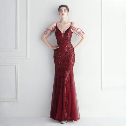 Beaded Bridal Wedding Dinner Long Camisole Evening Dress