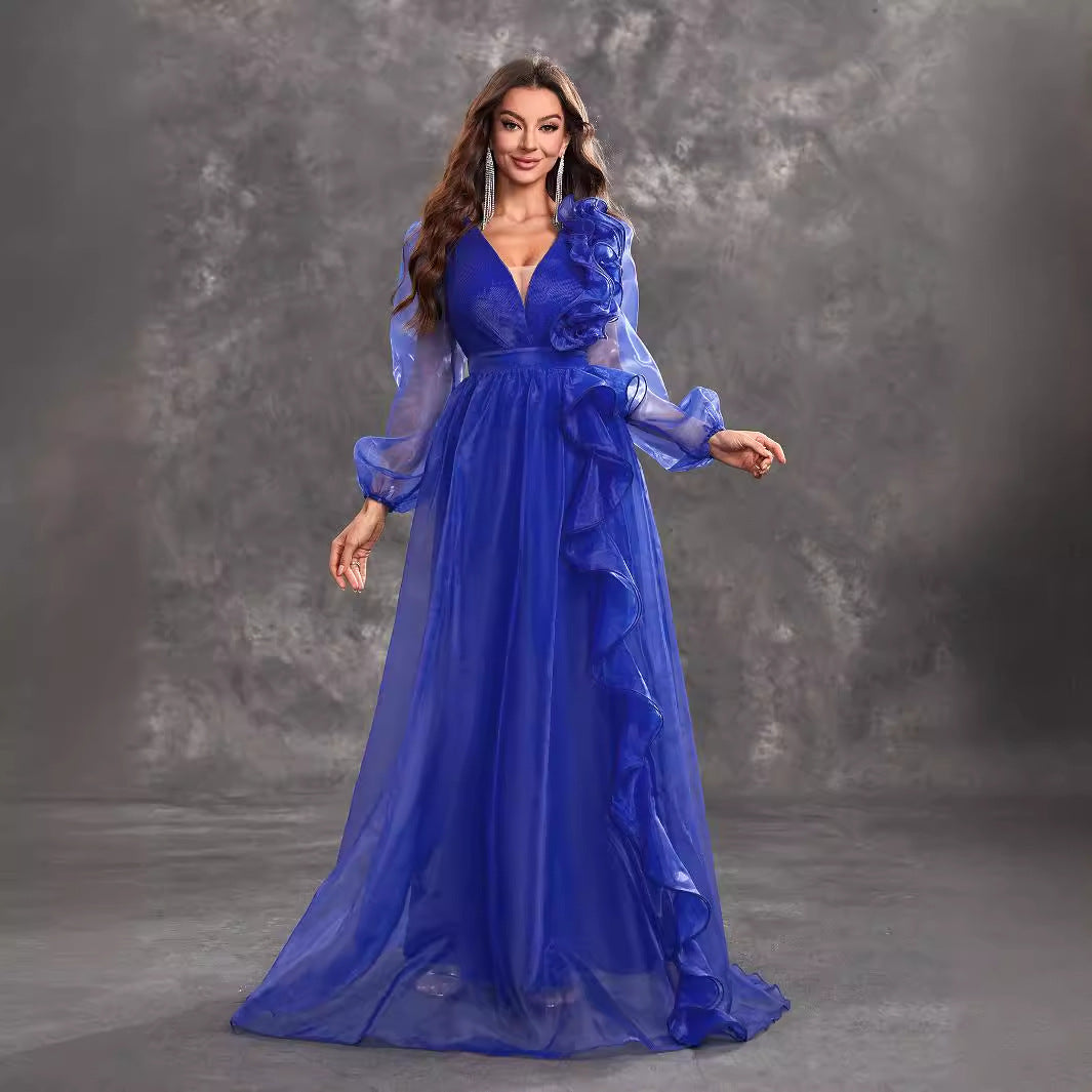 Women Prom Evening Dress V Neck Long Sleeve Three Dimensional Flounce Decorative Elegant Dress