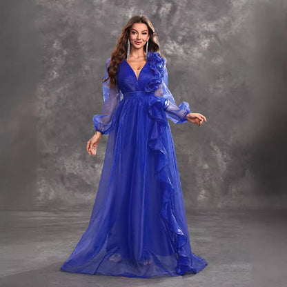 Women Prom Evening Dress V Neck Long Sleeve Three Dimensional Flounce Decorative Elegant Dress