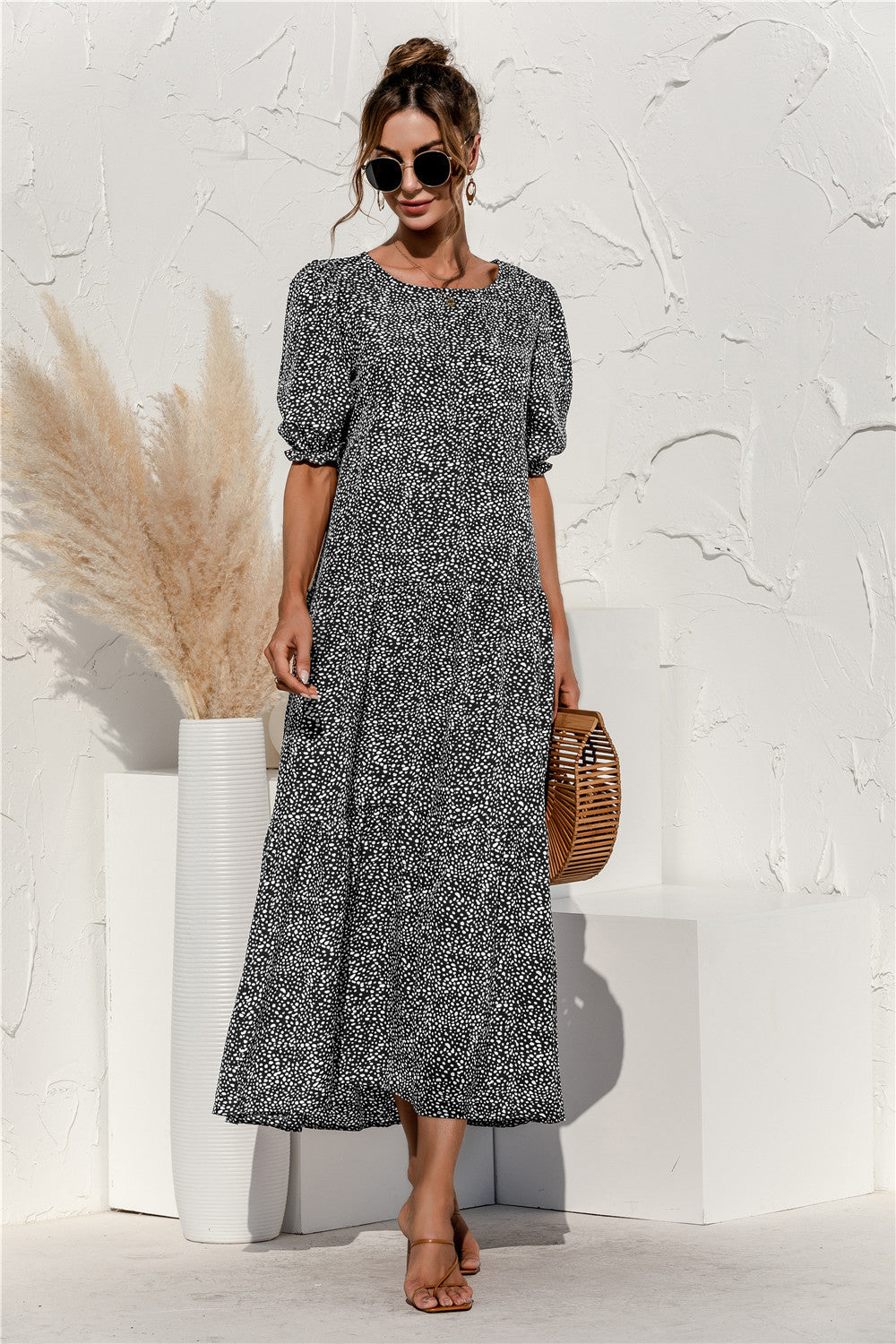 Spring/Summer Puff Sleeve Polka Dot Plaid Loose Stitching Dress Maxi Dress