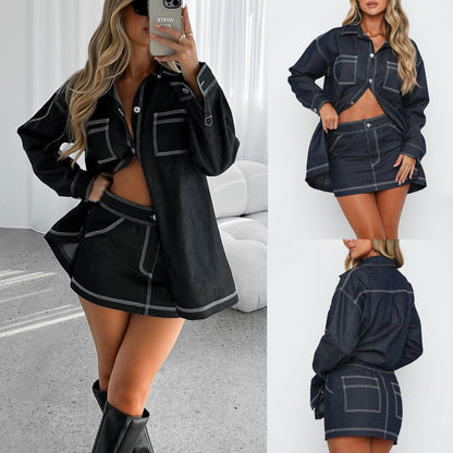 Summer Retro Set Denim Shacket Women's Half-Length Denim Short Skirt Casual Two Piece Suit