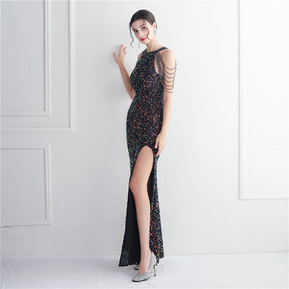 Heavy Industry Micro Glass Bead Craft Beaded Cocktail Evening Dress Elegant Long Halter Split Sequ