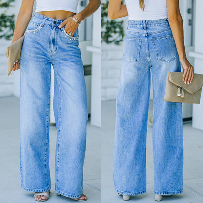 Pantalon en denim délavé ample avec poche pétale pour femme