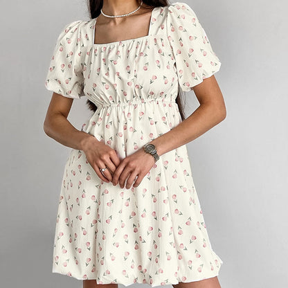 Robe française à col carré, manches bouffantes, ourlet froissé, taille haute, courte pour femmes, automne