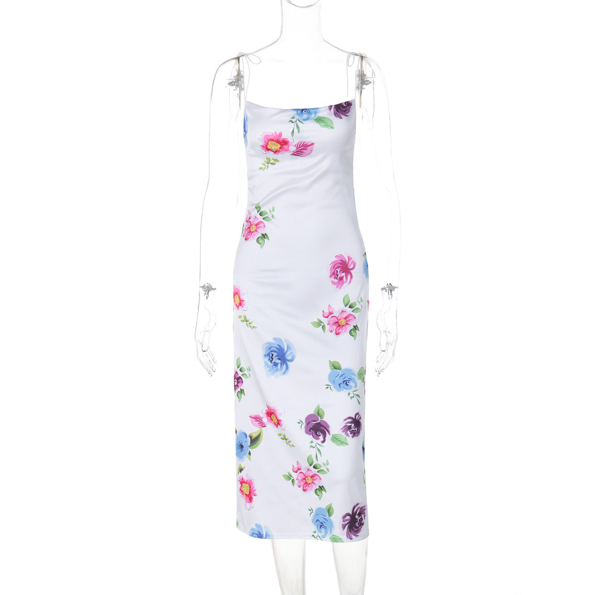 Floral Print Suspender Summer Satin French Slim Strap Dress