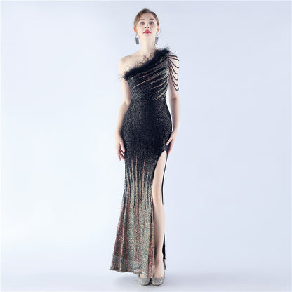 Gradient Sequin Craft Beaded Ostrich Feather Diagonal Collar One Shoulder Long Evening Dress