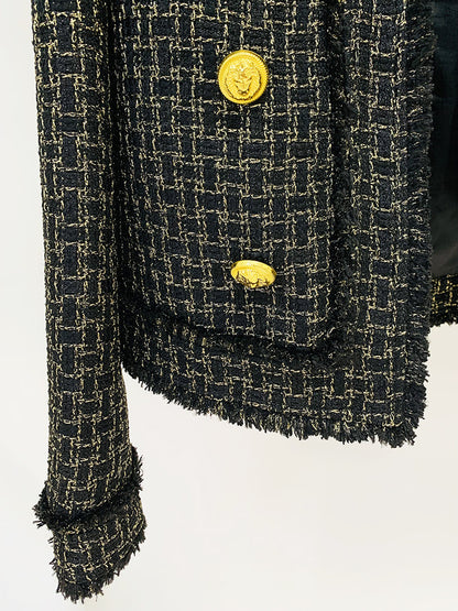 Gold Plaid Tweed Fringe Cardigan Coat