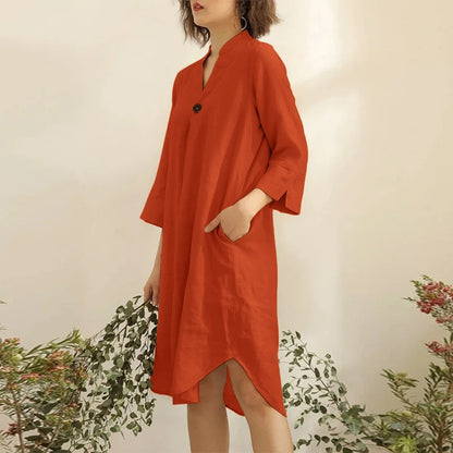 Robe décontractée d'automne, ample, couleur unie, mi-longue, manches à col en V