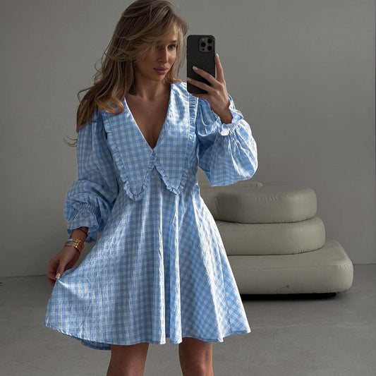 Women Clothing Office Design A line Dress Pink Plaid Butterfly Collar Long Sleeve Dress