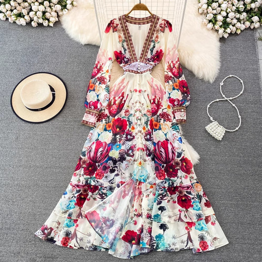 Spring Autumn Palace Elegant Deep V Plunge neck Slimming Single Breasted Printed A line Dress Elegant Large Swing Dress