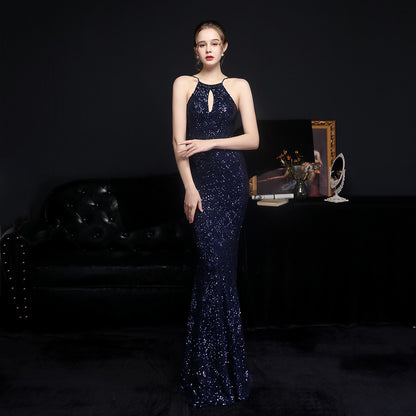 Cocktail Elegant Long Halter Set Diamond Sequined Aura Queen Fishtail Evening Dress