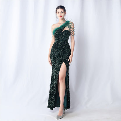 Velvet Bottom Handmade Sequin Craft Beads High End Evening Dress