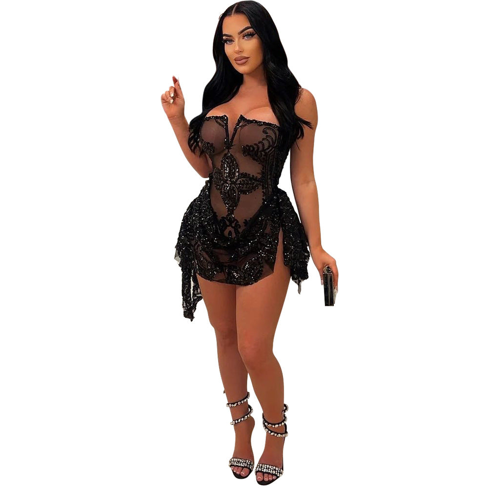 Robe bustier tubulaire transparente à col en V pour femmes, robe asymétrique irrégulière à la mode