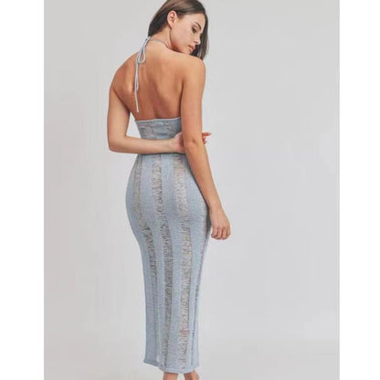 Sleeveless Sexy Slim Fit See through Halter Cut out Maxi Dress Women Knitted Sling Backless Dress