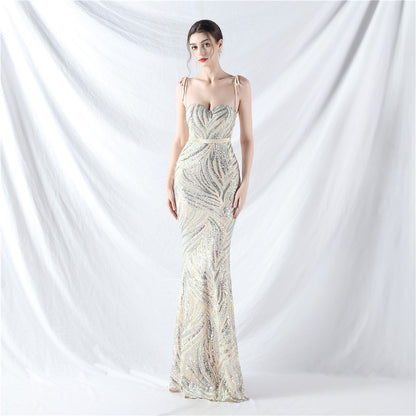 Rope Double Binding Strap Tube Top Encryption Lamination Sequin Evening Dress