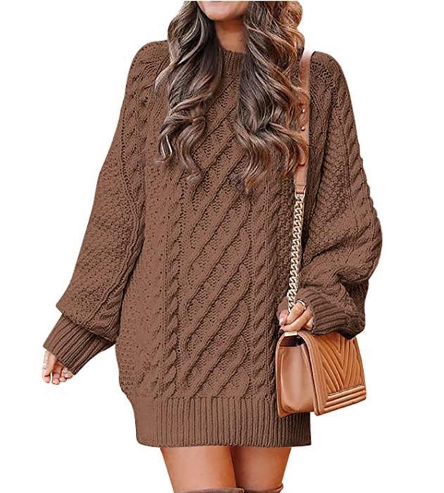 Round Neck Long Sleeve Twisted Knitted Thick Needle Pullover Mid Length Sweater Women Dress