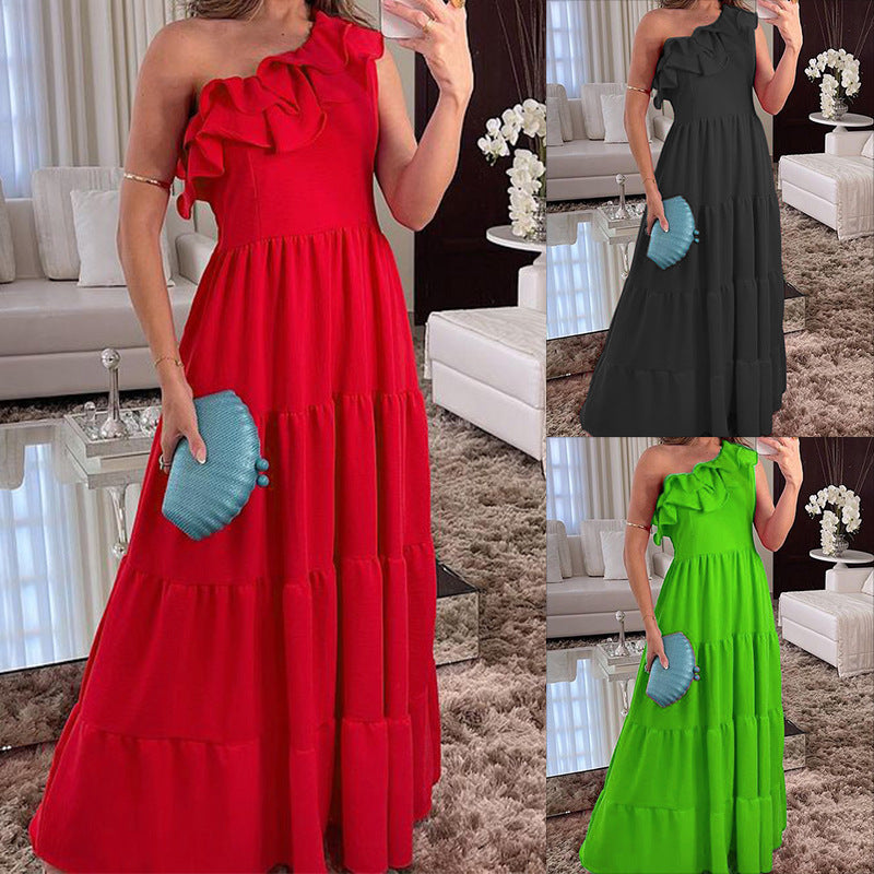 Spring Women Fashionable Elegant One Shoulder Solid Color Midi Dress