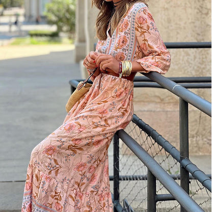 Autumn Women Casual Bohemian Midi Printed Dress