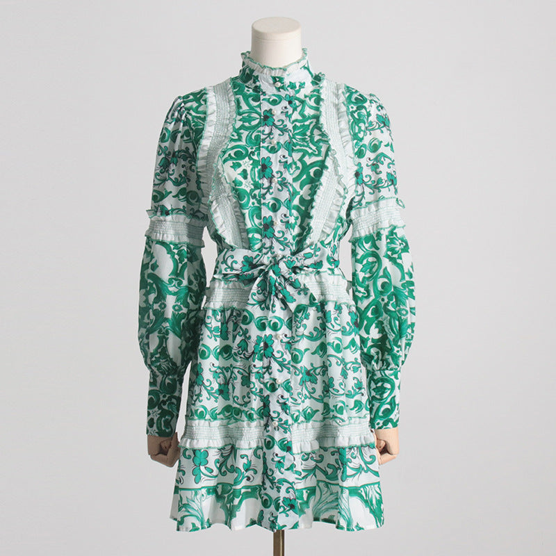 Robe courte à lacets et col montant français pour printemps et été, taille contrôlée, amincissante, manches lanternes, coutures