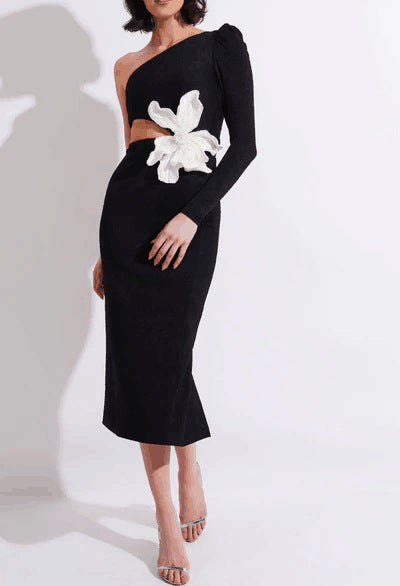 Autumn Winter Sexy Floral Women Slim Fit Slimming Bandage Dress Niche Shoulder Long Sleeve Dress