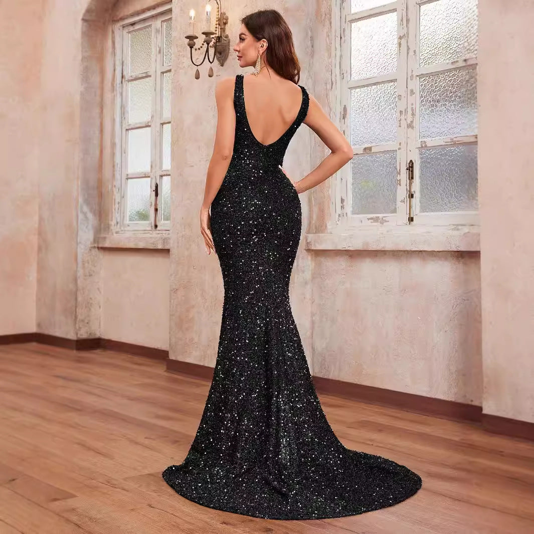 Robe de soirée de bal pour femme à paillettes sans manches haut de gamme abordable luxe queue de poisson robe de soirée élégante