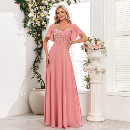 Vestido de noche rosa con escote cuadrado, manga corta, sin espalda, corte en A, costura de lentejuelas, gasa, vestido de fiesta para el día de San Valentín