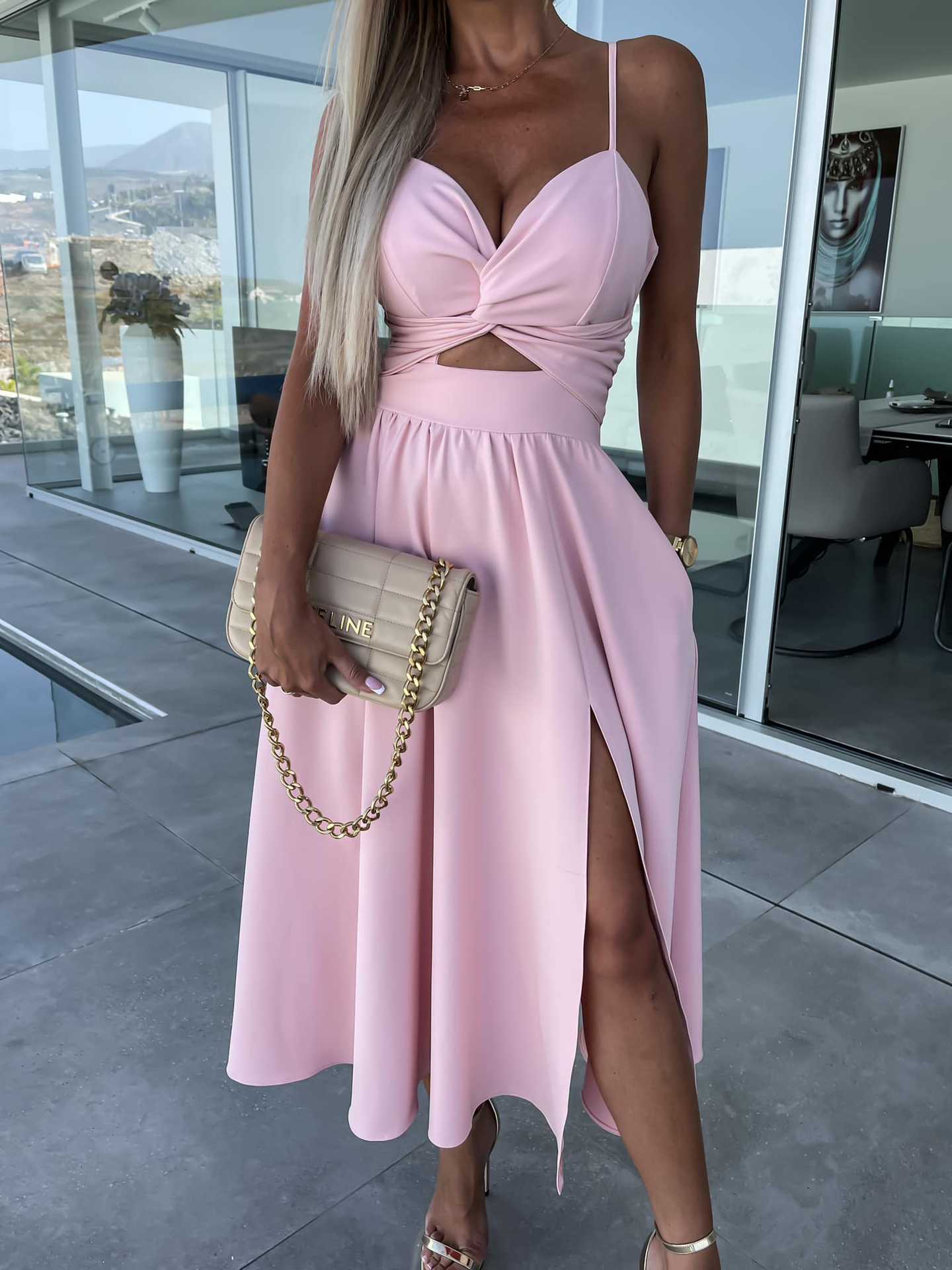 Summer Socialite Deep V Plunge neck Hollow Out Cutout- Big Slit Hemline Camisole Gown Dress