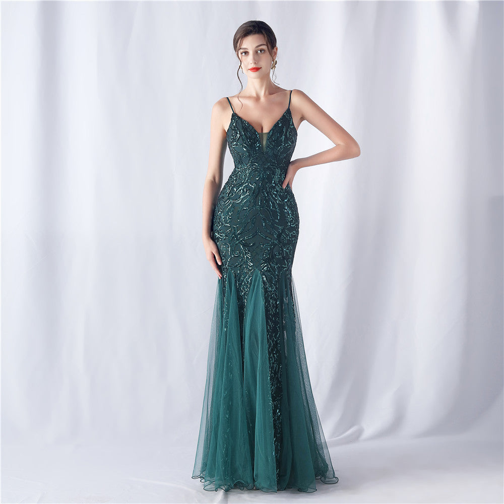 Floral Sequin Mesh High End Evening Dress