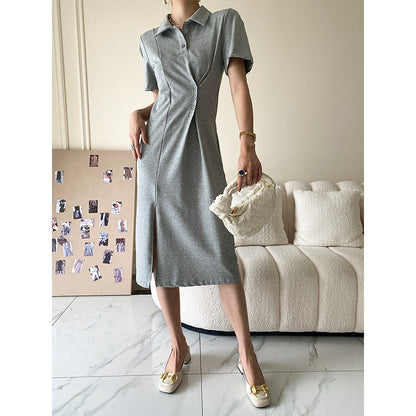 Waist-Tight Side Buckle Design Polo Collar Dress Summer Women