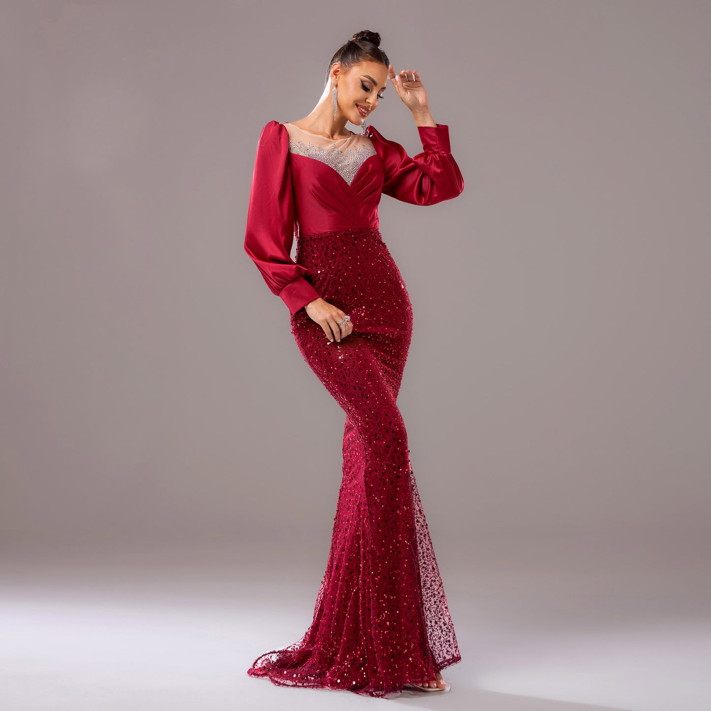 Long Sleeve round Neck Cocktail Hip Wrapped Rhinestone Sequined Evening Dress Bridesmaid Dress Dress Women