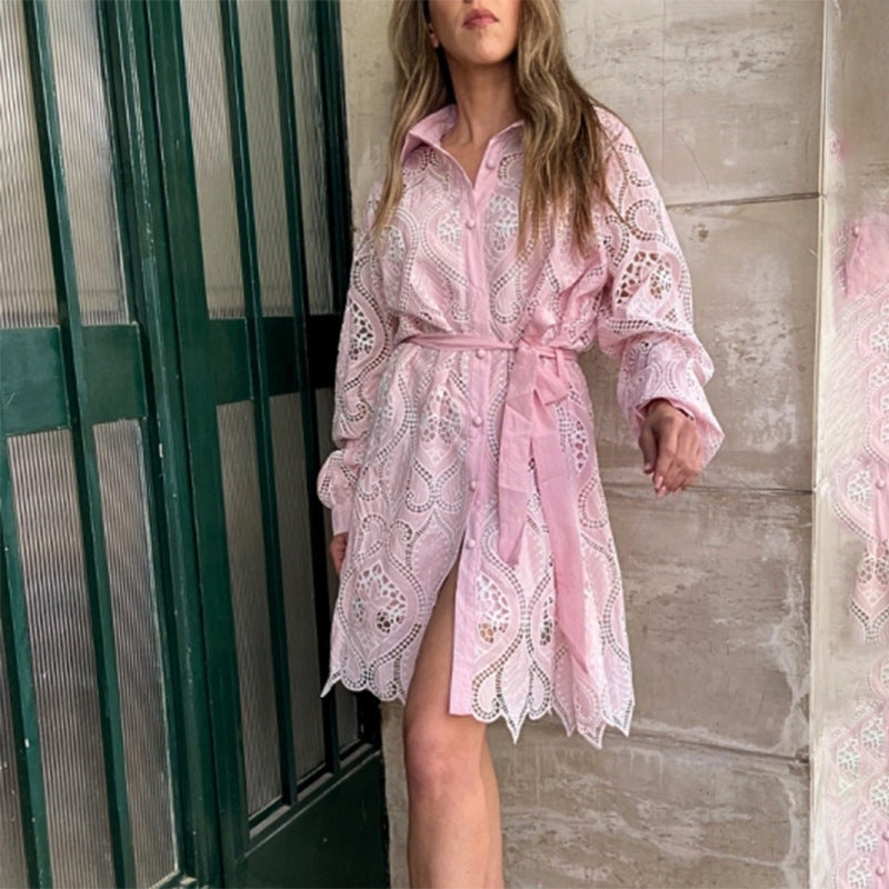 Heavy Industry Embroidery Summer Polo Collar Long Sleeve Lace Up Waist Irregular Asymmetric Dress Women