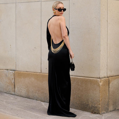 Summer Black One Shoulder Backless Snake Bone Chain Maxi Dress Women Clothing Dress