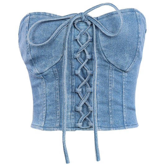 Sexy croisé à lacets Denim dos vêtements chauds bustier tubulaire femmes décontracté corps façonnage gilet court fermeture éclair enveloppé poitrine