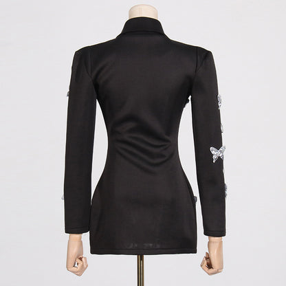 Autumn Elegant Sequ Butterfly Stitching Slim Fit Slimming Long Sleeves Short Dress Women