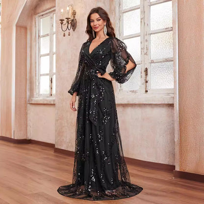 Ladies Elegant Prom Evening Dress Sequined Cross V Neck Long Sleeve Party Evening Dress