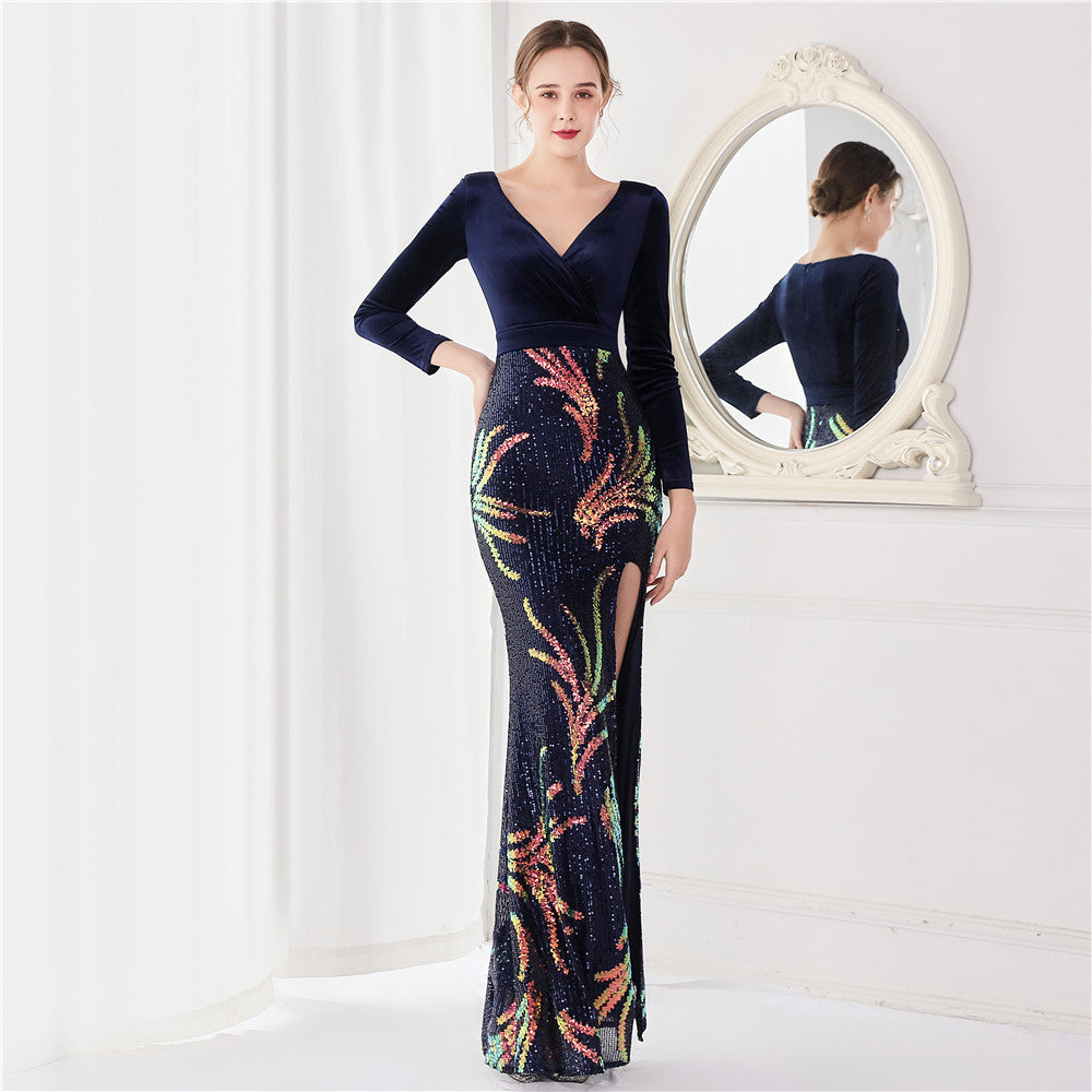 Korean Velvet 10 Sequin Long Sleeved Fishtail Evening Dress Women's High End Elegant Cocktail Annual Meeting King