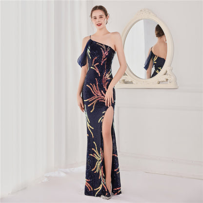 Robe de soirée longue et sexy à paillettes et perles pour femme