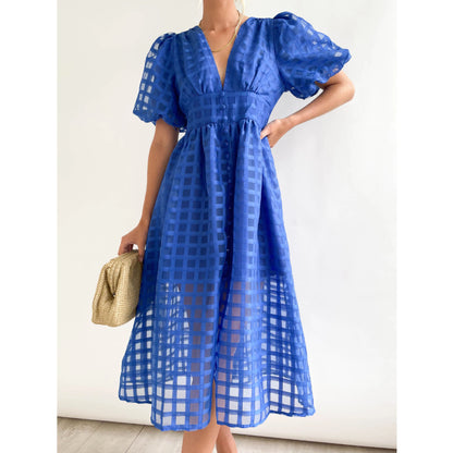 Spring Summer Multi Color Lantern Sleeve Dress Casual Party Dress Women