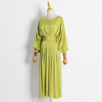 Autumn French Socialite Green Solid Color Pleated Dress round Neck Long Sleeve Waist Dress