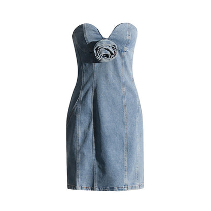 Été Sexy Denim bustier tubulaire robe florale robe en jean taille serrée mince hanche Sexy pour les femmes