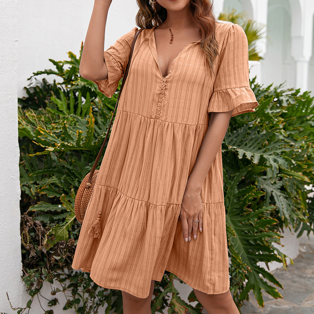 Spring Summer Women Loose Casual Dress 5 Point Sleeve Mid Length V neck Dress