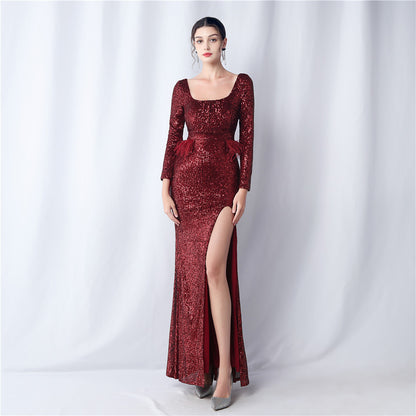 Nail Ostrich Feather Sequin Long Sleeve Evening Dress