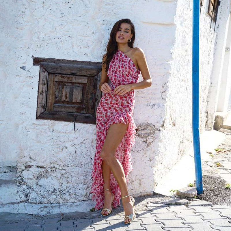 Vestido de verano para mujer, estilo francés, con hombros oblicuos y estampado floral pequeño, sexy, con abertura lateral y lazo