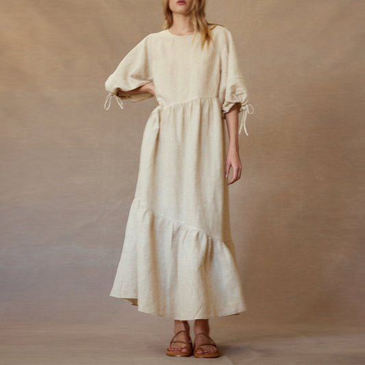 Robe d'été royale française en coton et lin, manches lanternes, Design sournois, à lacets, Design rétro