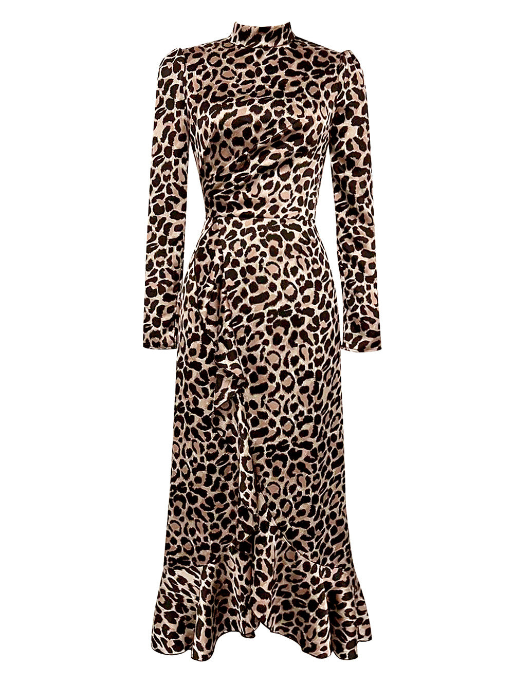 Vestido de verano sencillo y sexy con estampado de leopardo, cuello alto pequeño, manga larga, ajustado, con volantes