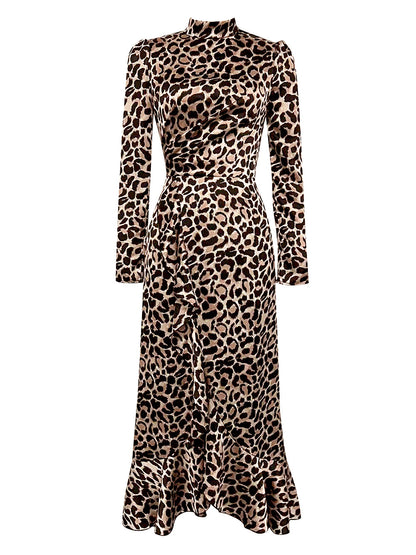 Dress Summer Simple Sexy Leopard Print Small Stand Collar Long Sleeve Slim Ruffled Dress