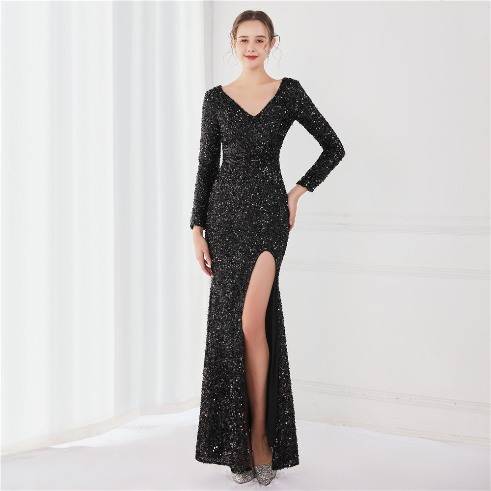 Robe de soirée élégante à manches longues et paillettes pour cocktail