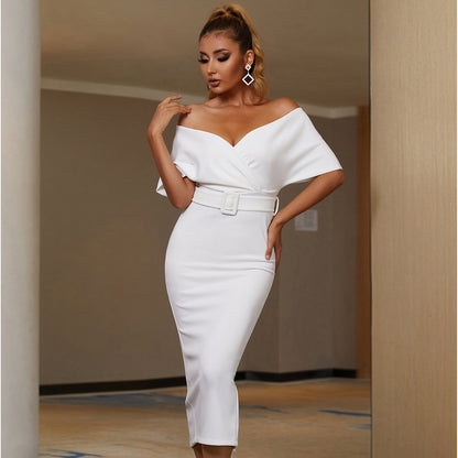 Sexy off-Shoulder Short Sleeve Dress Solid Color Elegant Cocktail Party Socialite Gathering Evening Dress