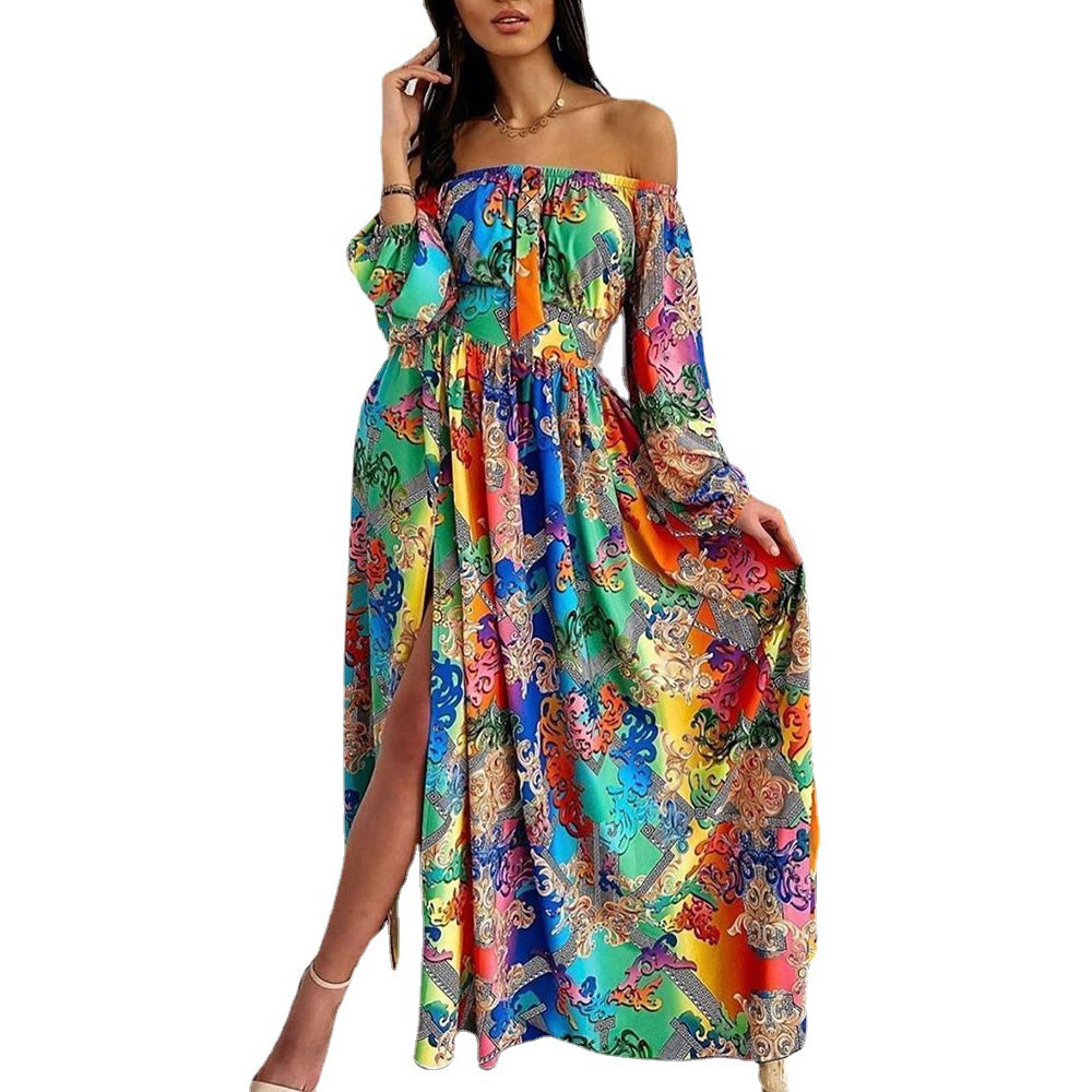 Evening Dress Printed Dress V-neck Pullover Retro Long Sleeve Big Hem Split Dress