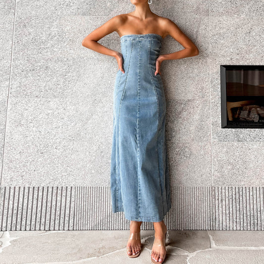 Sexy Denim Tube Top Dress Women Summer Skinny Slimming Split Dress